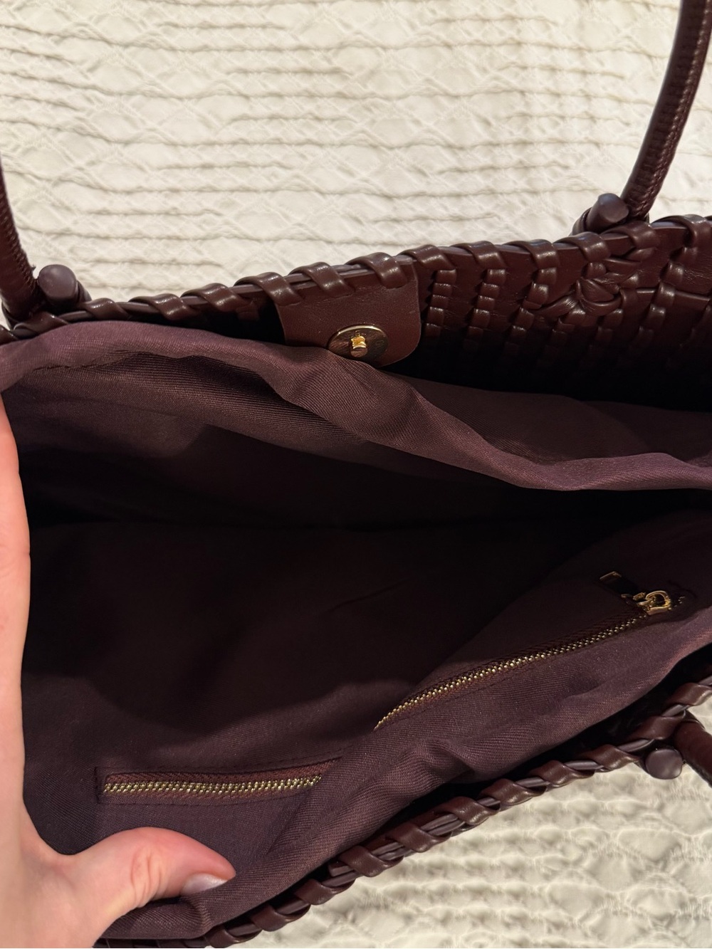 Woven Vegan Leather Shoulder Tote in Deep Burgundy - Picture 6 of 12